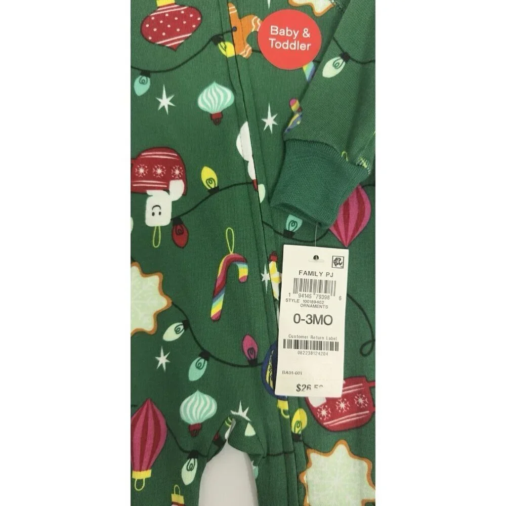 Holiday Lane Baby Christmas Footed Sleeper 0-3 M Green Lights Ornaments Cotton.